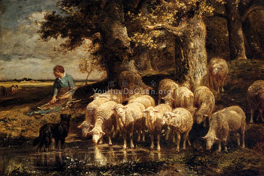 A Shepherdess With Her Flock - 埃米尔·查尔斯·雅克